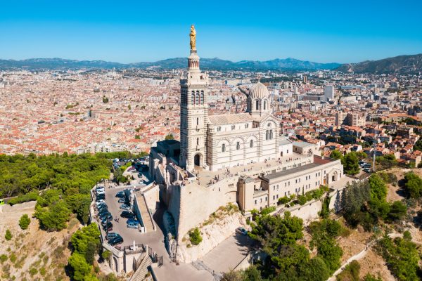 Notre Dame de la Garde or Our Lady of the Guard aerial view, it is a catholic church in Marseille city in France